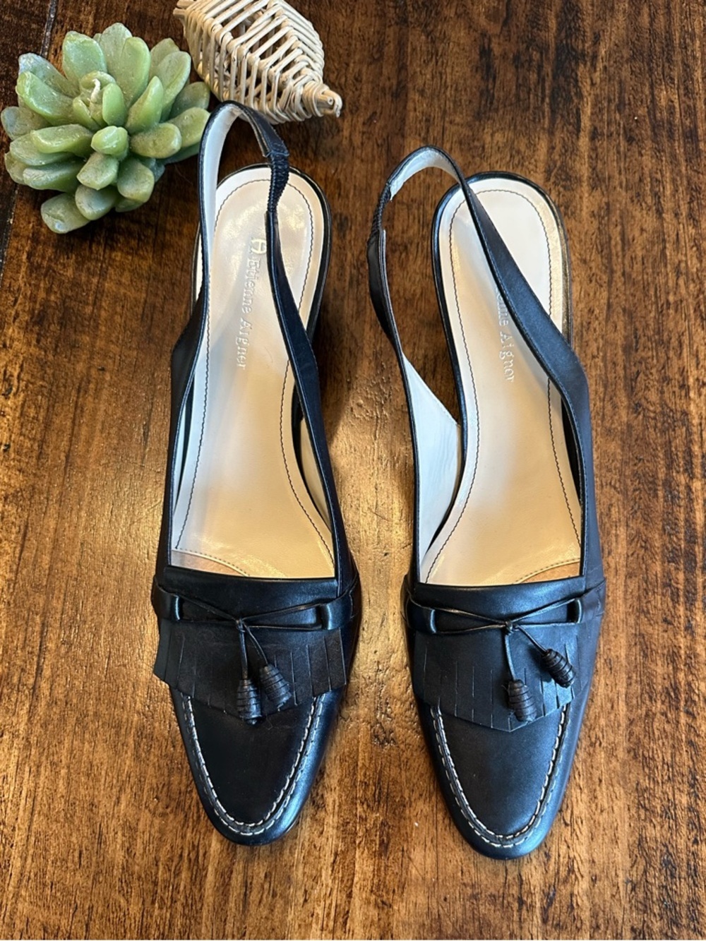 Etienne Aigner | Vintage Black Leather Tassel Slingback Block Heels, Size 9